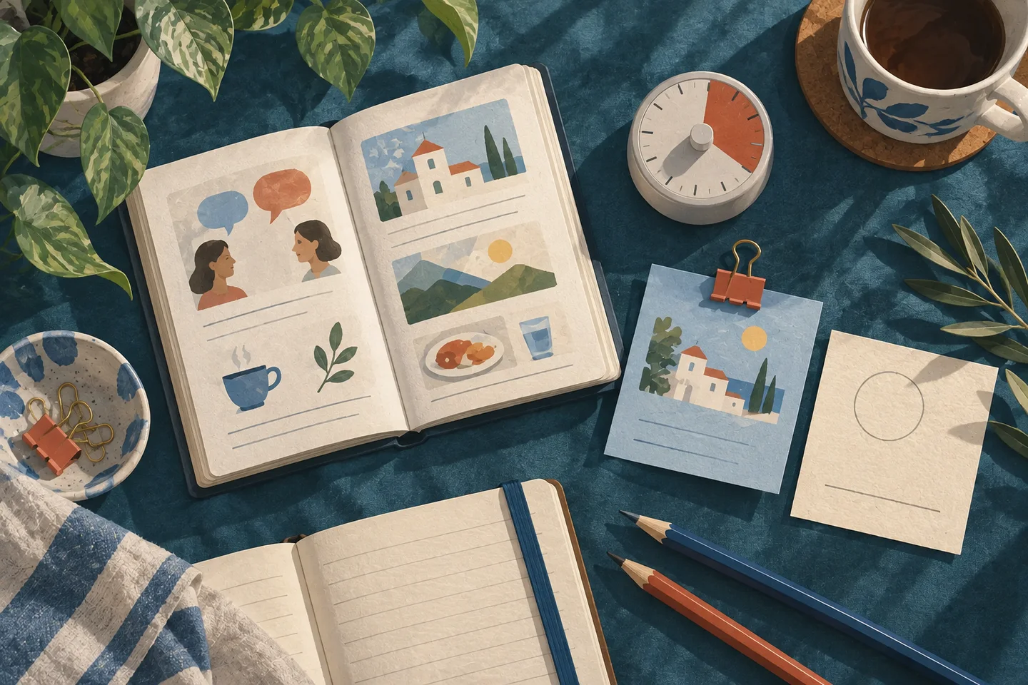 A phrasebook, a timer and one selected note make room for a small daily practice.
